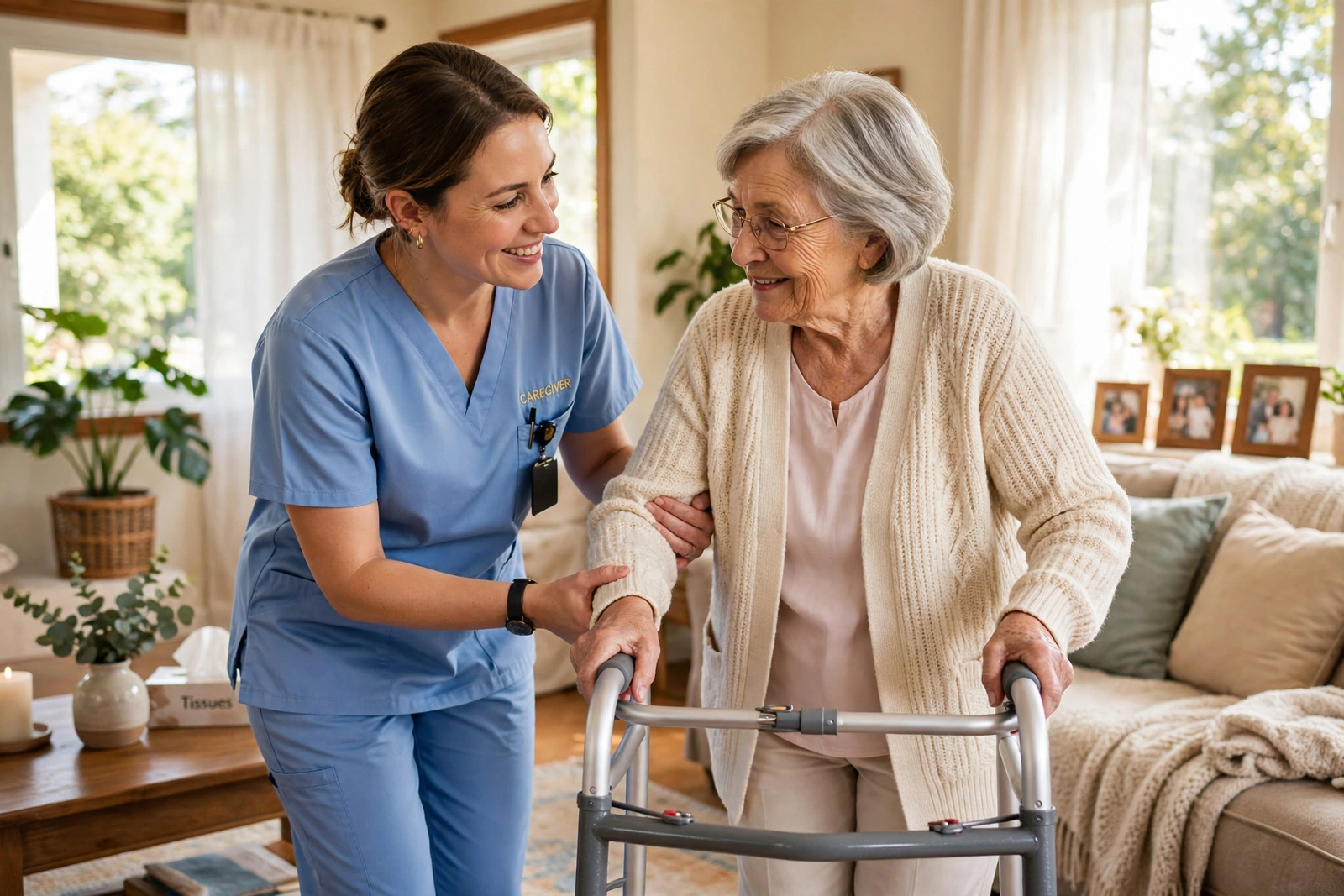 Smiling caregiver in blue scrubs helping an elderly woman walk with a walker in her living room