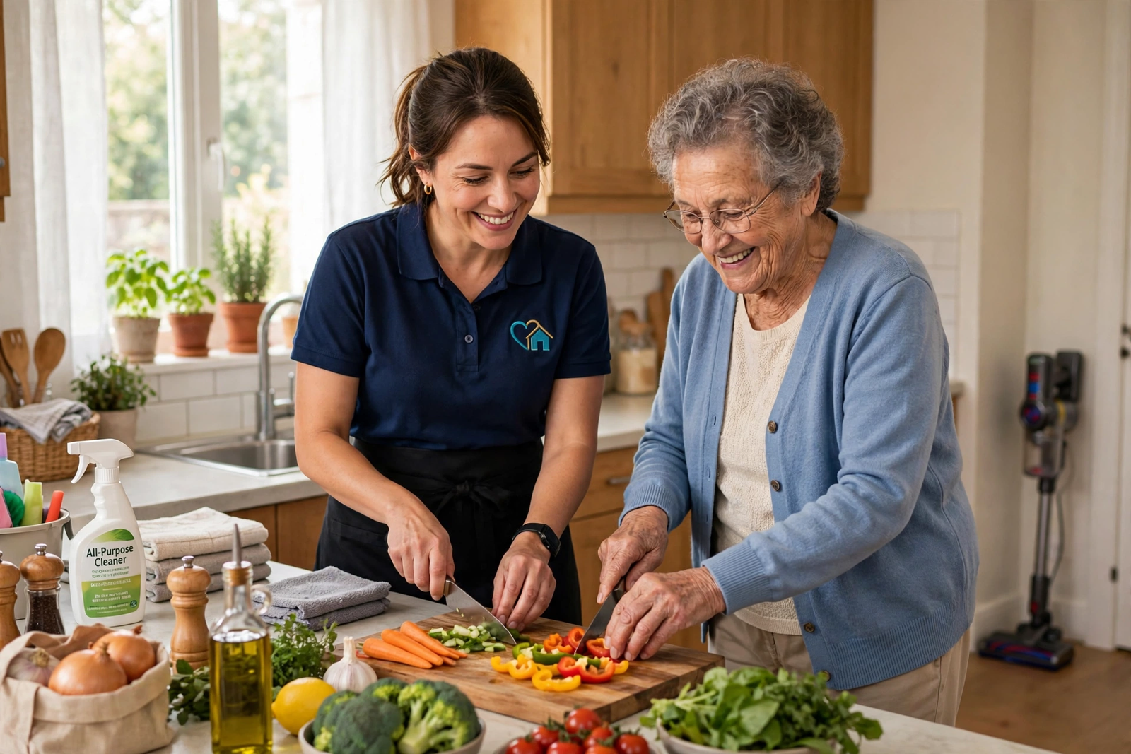 Caregiver and elderly woman chopping vegetables together in a bright home kitchen